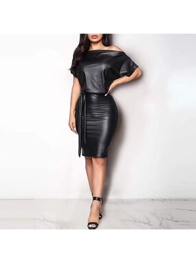 New with tags. Fashion Nova Black Faux Leather Midi Dress. Size S